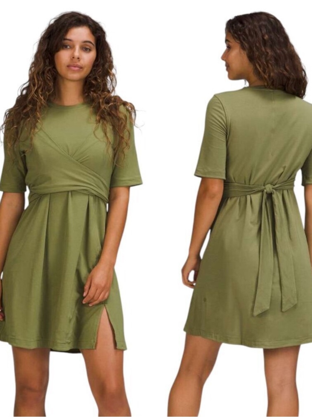 Lululemon Cotton Wrap Front Tie T-Shirt Dress in Green | Size 6